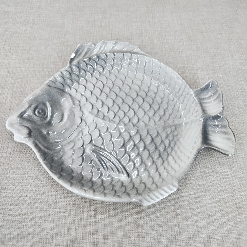 Holland Tray Fish Gray Ceramic Glazed Embossed Scales 1963 Signed Serving Vtg